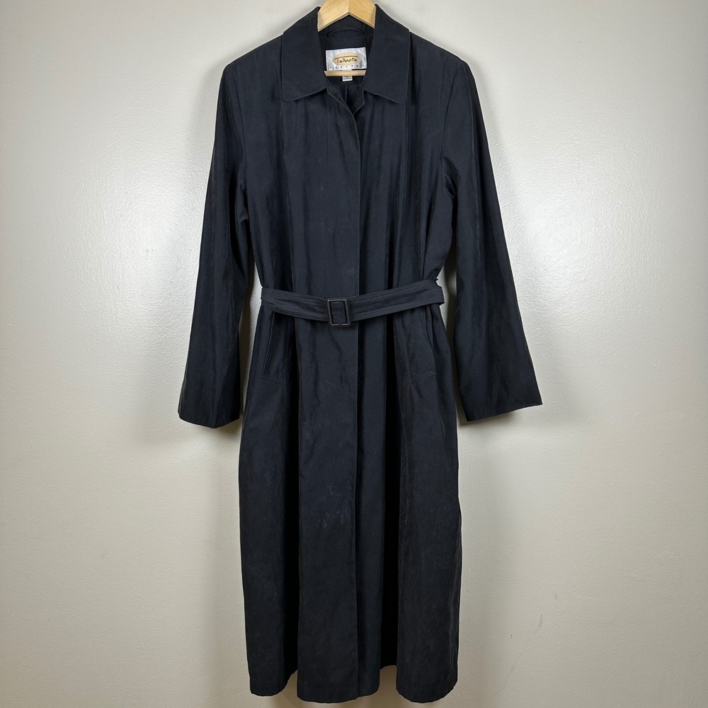 Talbots Women's 14P Trench Coat Black Belted Long Sleeve Classic Collared